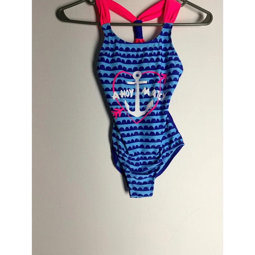 Circo Girls Blue Pink Ahoy Matey Anchor One Piece Swimsuit Size M 7/8 Nautical